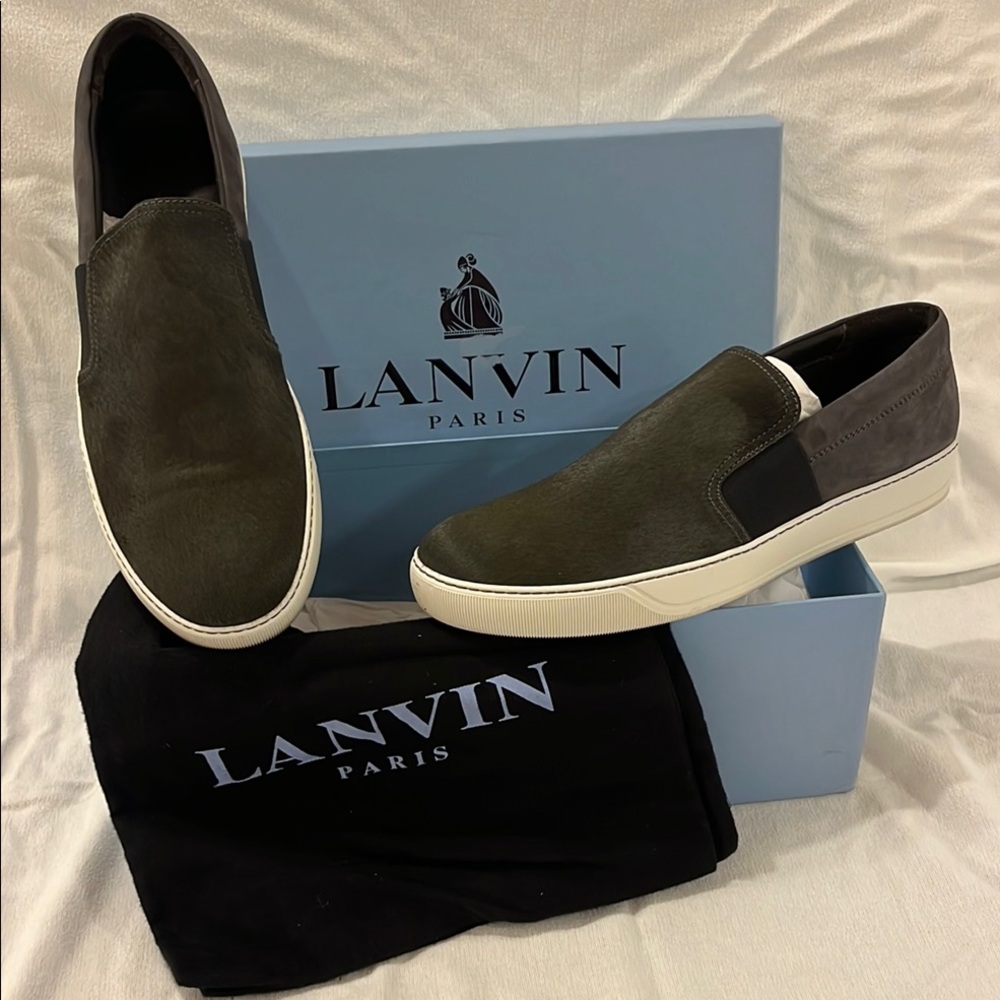 Lanvin Men's Olive and Dark Gray fur Slip-On Sneakers. Unique and classy.